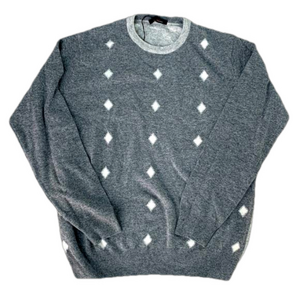 New Euro Ferrante Gray Lambswool Diamon Pattern Italian Luxury Crewneck Sweater